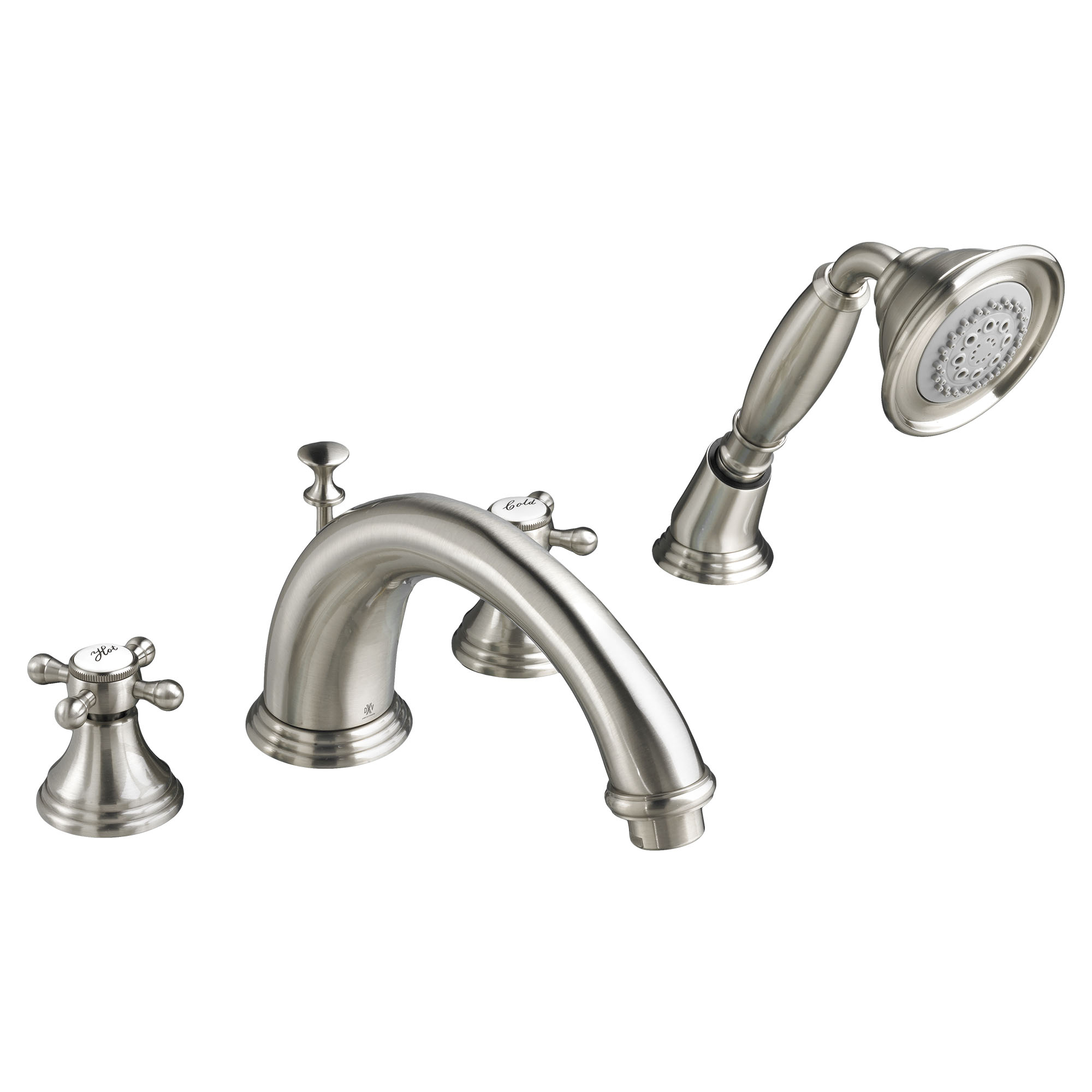 Deck Mount Tub Filler with Hand Shower and Cross Handles